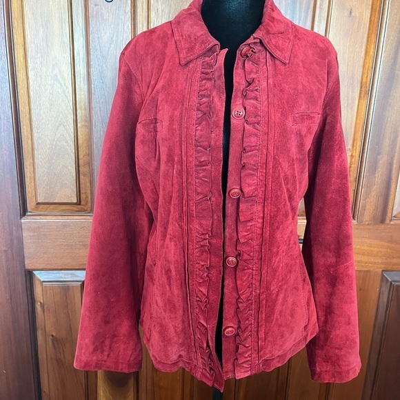 Chico’s Womens Suede Leather Jacket Sz 1/ US 8 Red Ruffles Button Closure - Picture 3 of 10